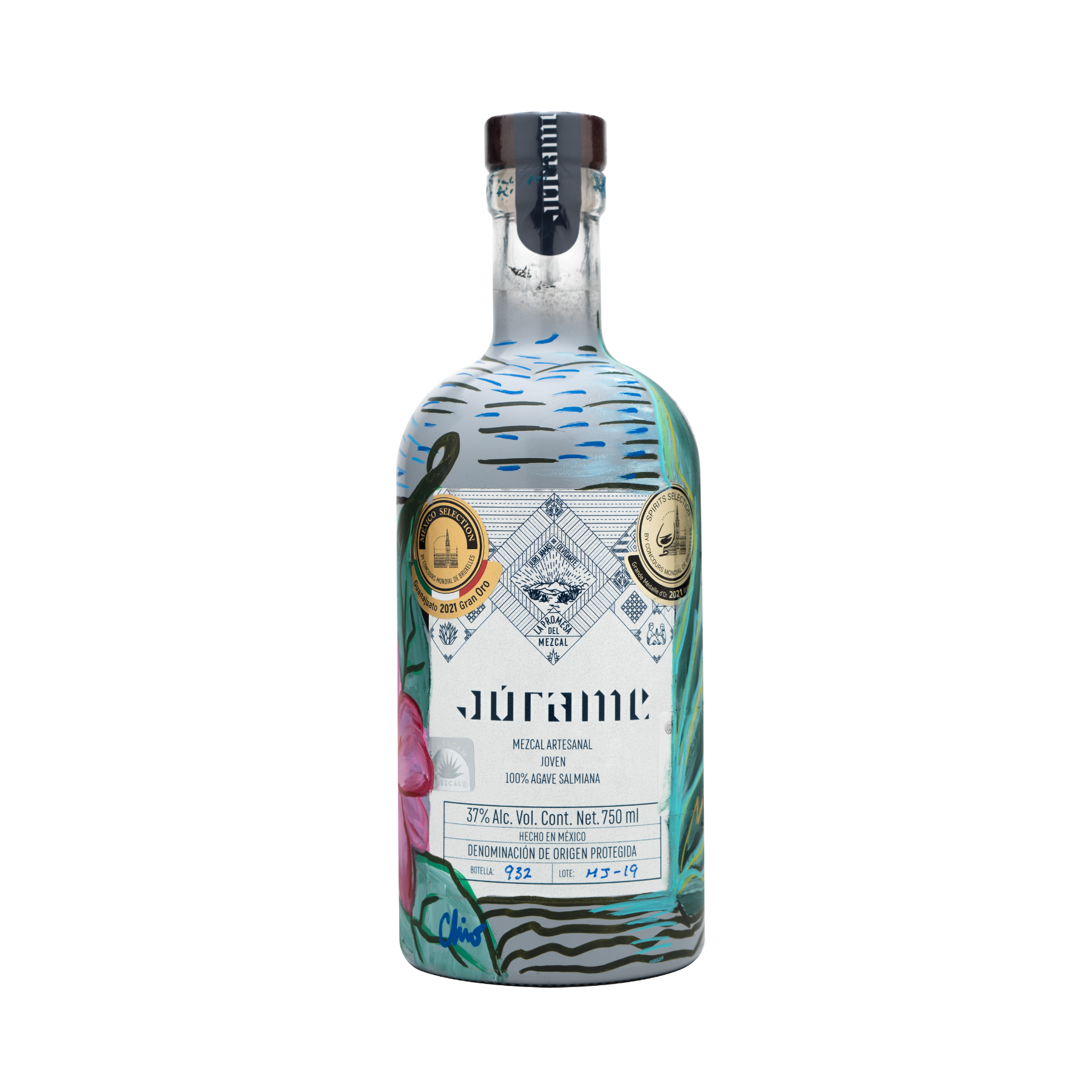 Botella Personalizada Pintada a Mano - COLIBRÍ - Mezcal Joven Salmiana Júrame 750ml