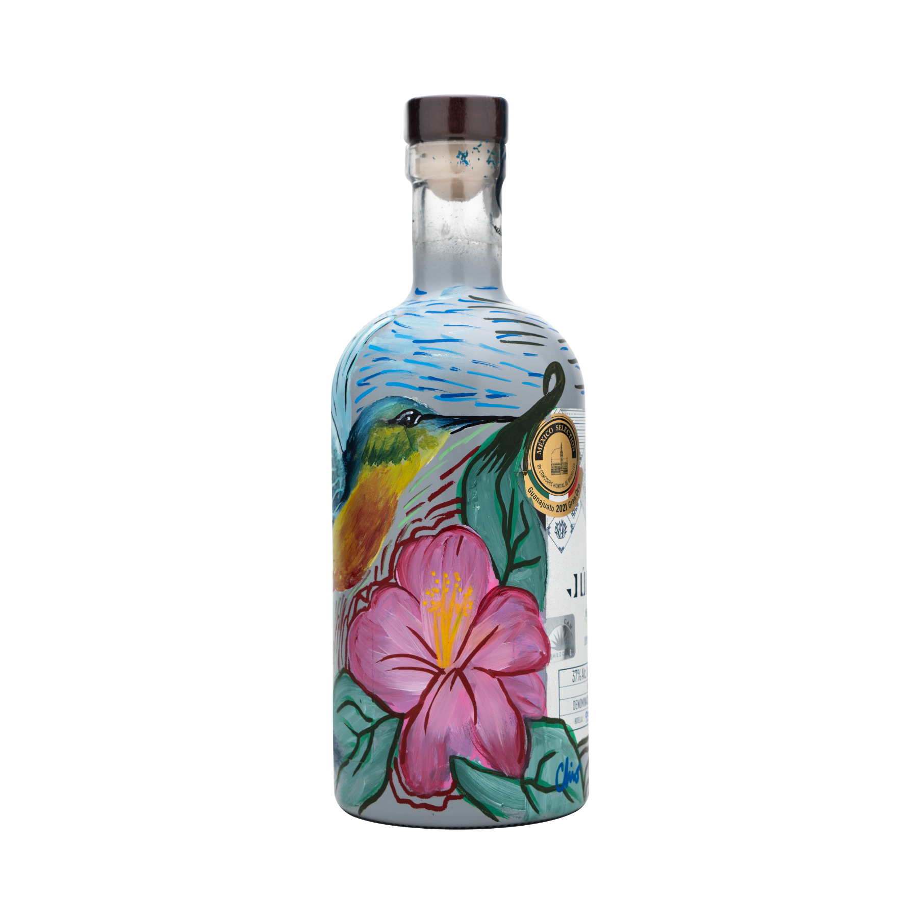 Botella Personalizada Pintada a Mano - COLIBRÍ - Mezcal Joven Salmiana Júrame 750ml