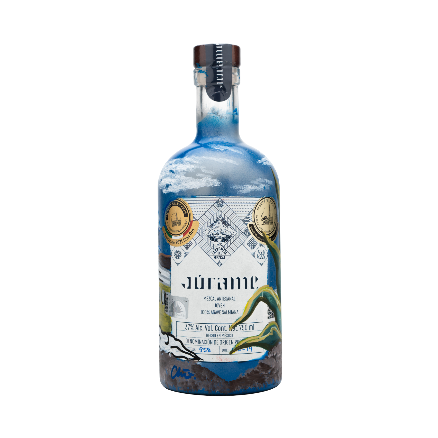 Botella Personalizada Pintada a Mano - ETERNIDAD - Mezcal Joven Salmiana Júrame 750ml